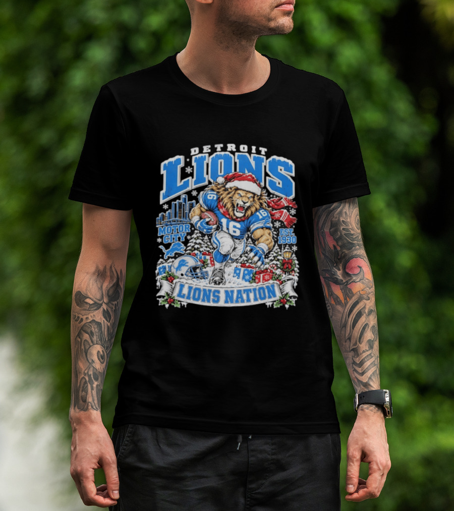 Detroit Lions Nation Christmas Motor City Est 1930 Santa Hat Football T-Shirt