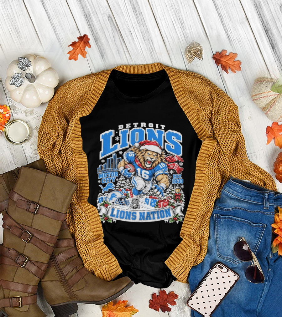 Detroit Lions Nation Christmas Motor City Est 1930 Santa Hat Football T-Shirt