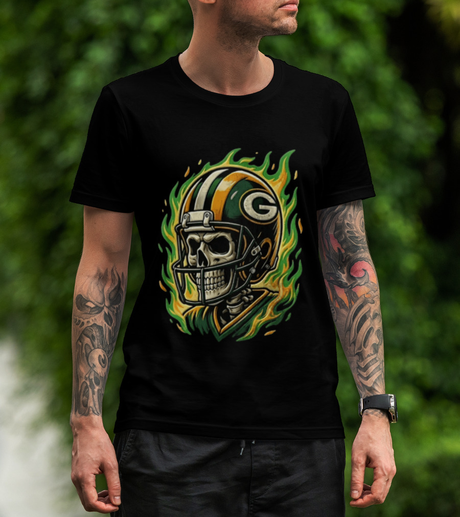 Green Bay Packers Skeleton Football Player Flaming Helmet T-Shirt