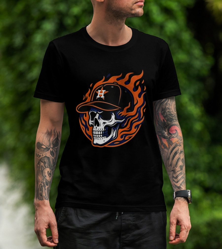 Houston Astros Skull Cap Flames Jesus Trophy T-Shirt