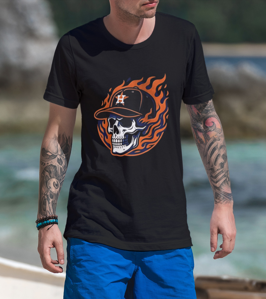 Houston Astros Skull Cap Flames Jesus Trophy T-Shirt