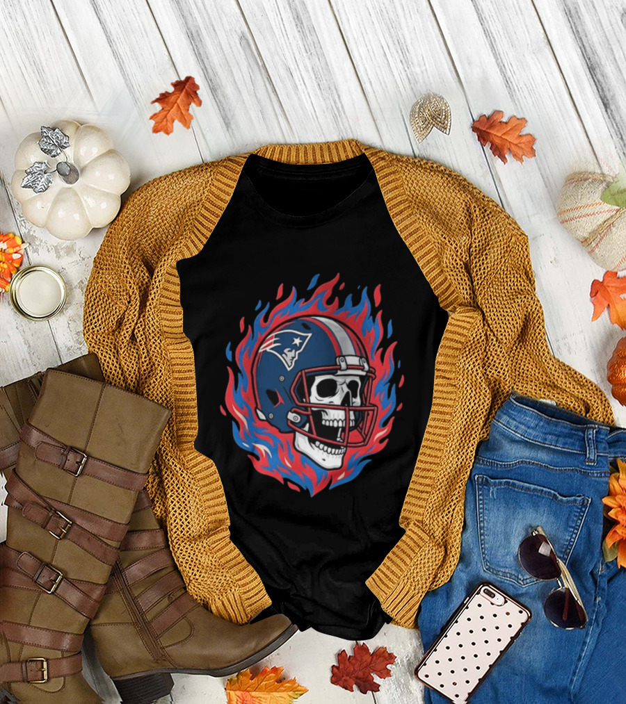 New England Patriots Tom Brady Skeleton Football Helmet Flames T-Shirt