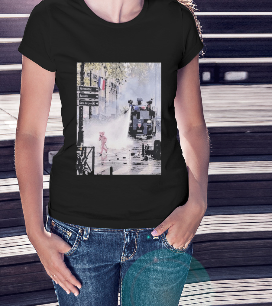 Pink Panther France 2026 Running Through Streets Under Riot Control Water Cannon T-Shirt