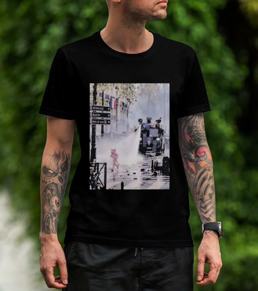 Pink Panther France 2026 Running Through Streets Under Riot Control Water Cannon T-Shirt
