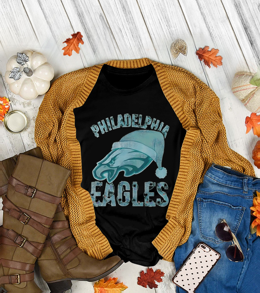 Philadelphia Eagles Festive Holiday Stone Studded Santa Hat T-Shirt