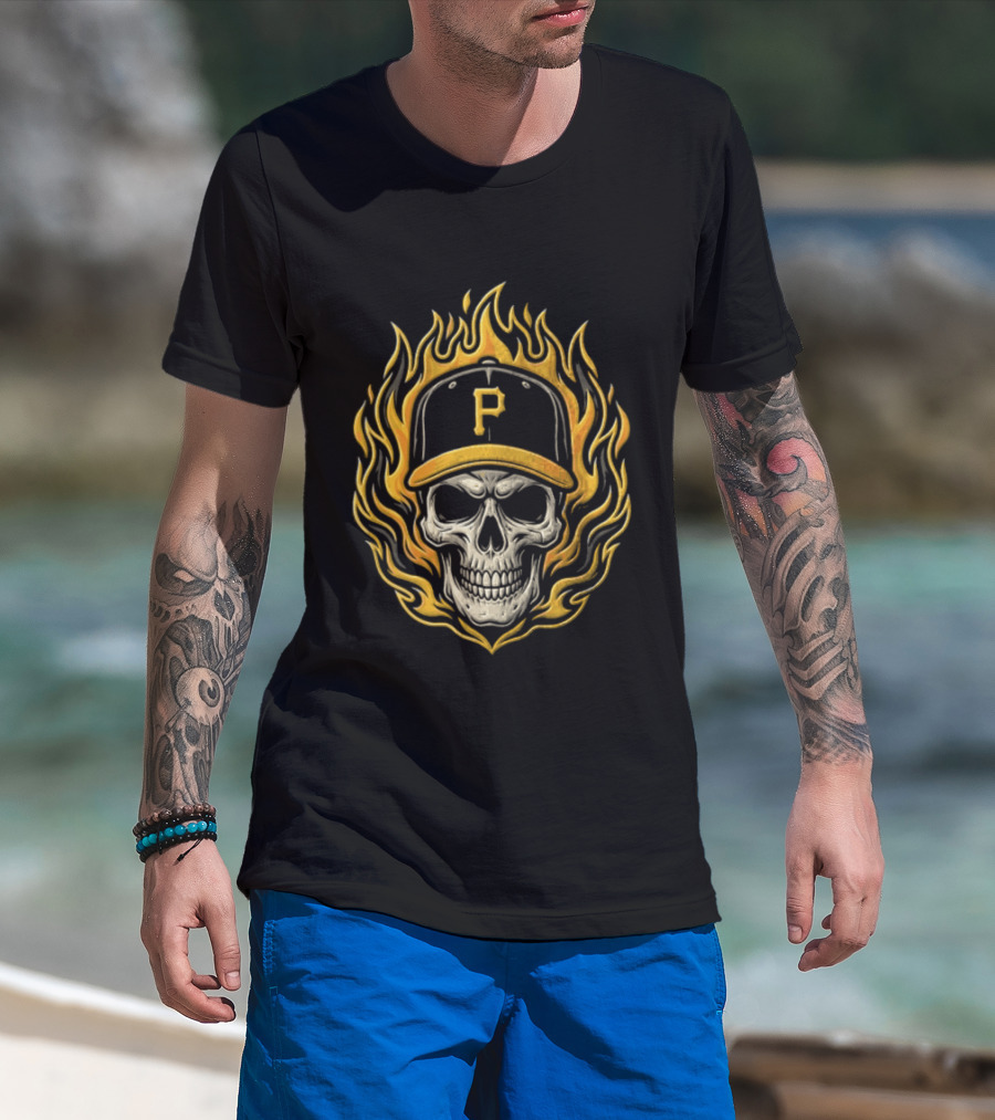 Pittsburgh Pirates Skull Baseball Cap Fire Crown Of Thorns T-Shirt