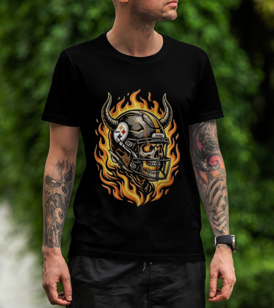 Pittsburgh Steelers Skeleton Football Helmet Flames T-Shirt