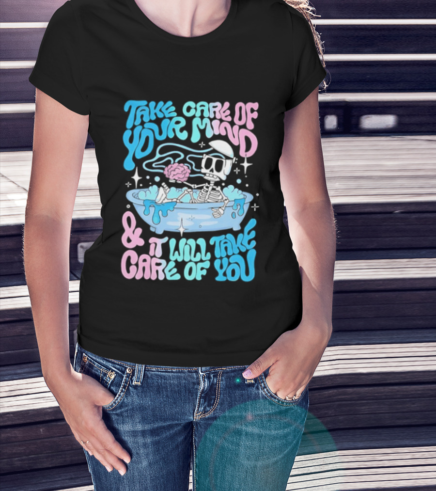 Skeleton Take Care Of Your Mind Neon Pastel Aesthetic T-Shirt