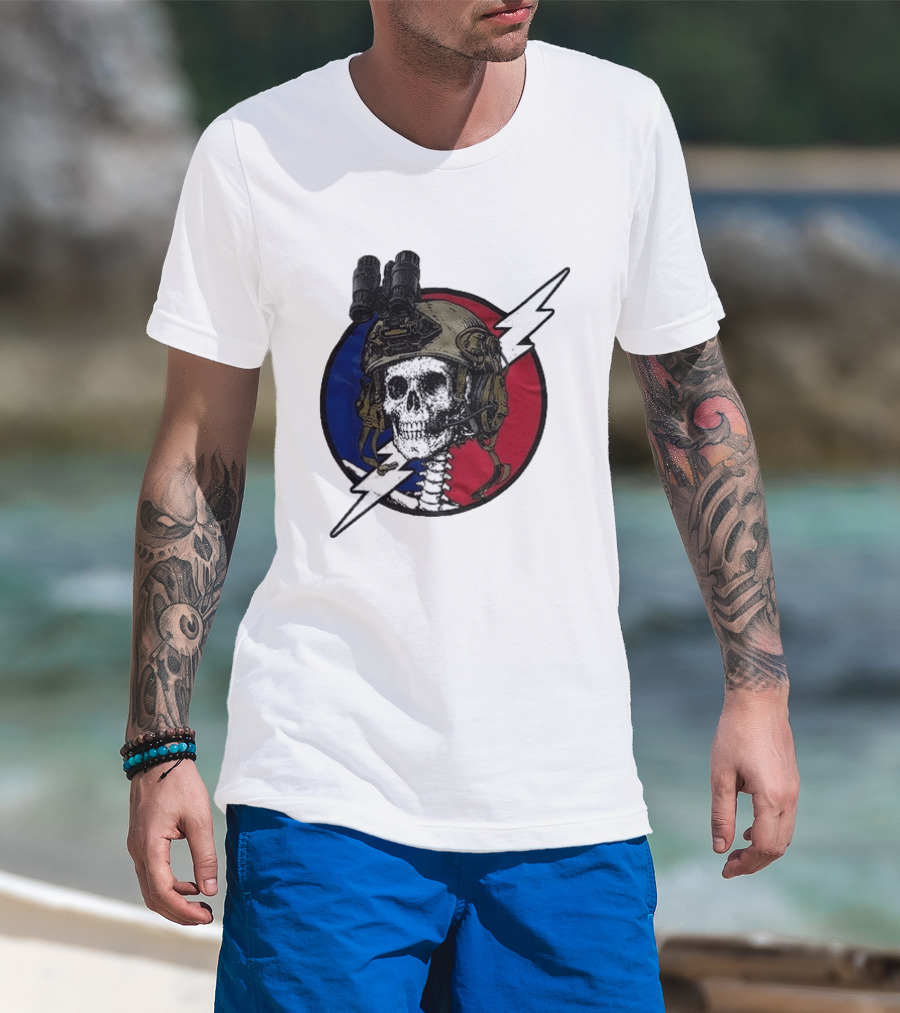 Grateful Dead Carry The Fire Skull With Helmet Lightning Bolt Blue Red Circle T-Shirt