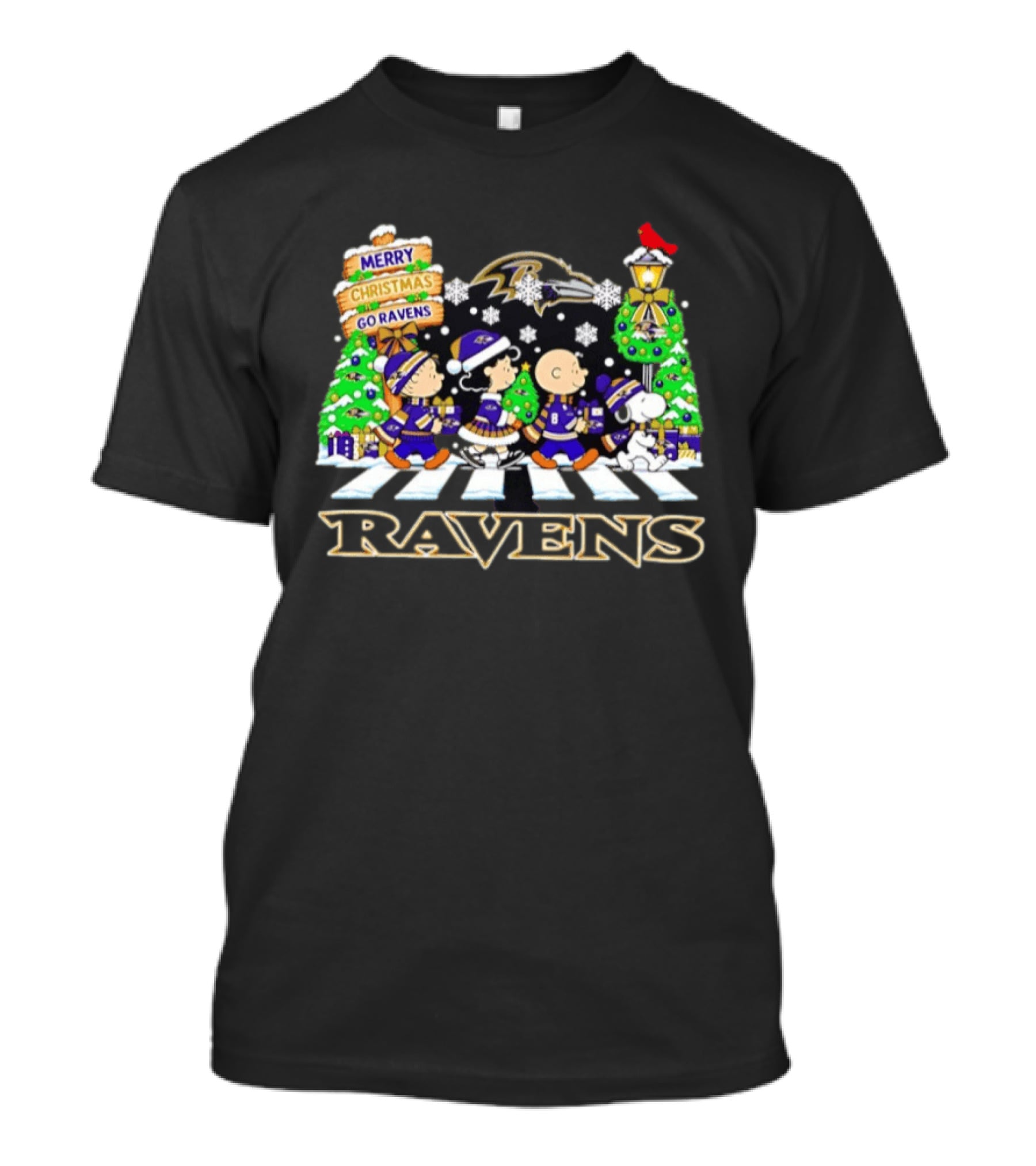 Baltimore Ravens Peanuts Abbey Road Christmas Merry Go Ravens Snoopy Woodstock Charlie Brown T-Shirt