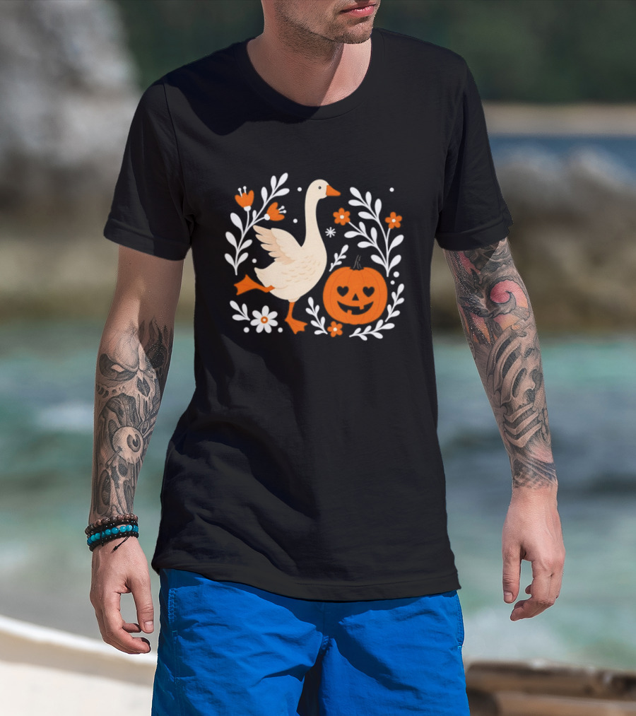 Goose And Pumpkin With Floral Halloween Vibes T-Shirt