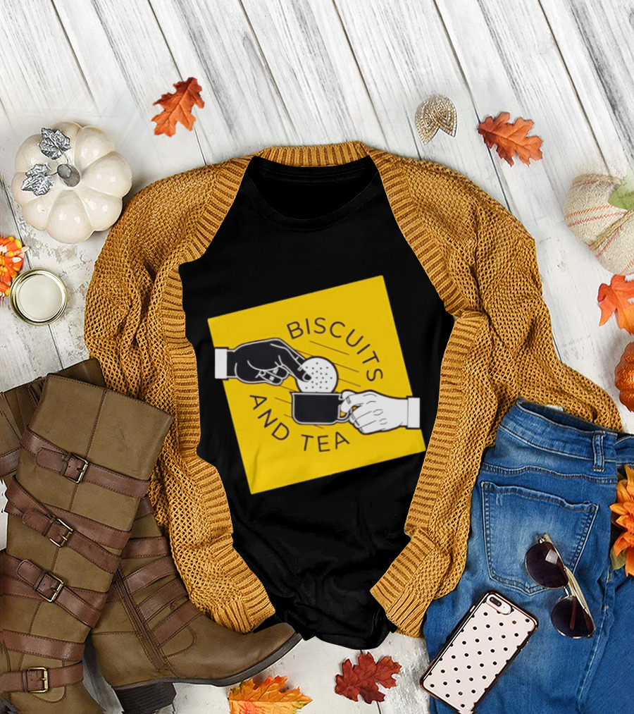 Biscuits And Tea Dipping Cartoon Illustration Yellow T-Shirt
