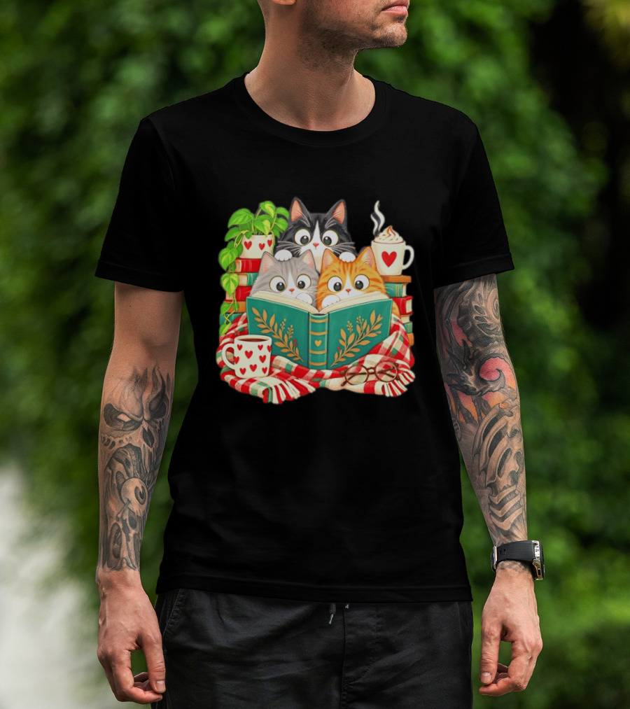 Cats Cozy Reading Books Coffee And Heart S T-Shirt