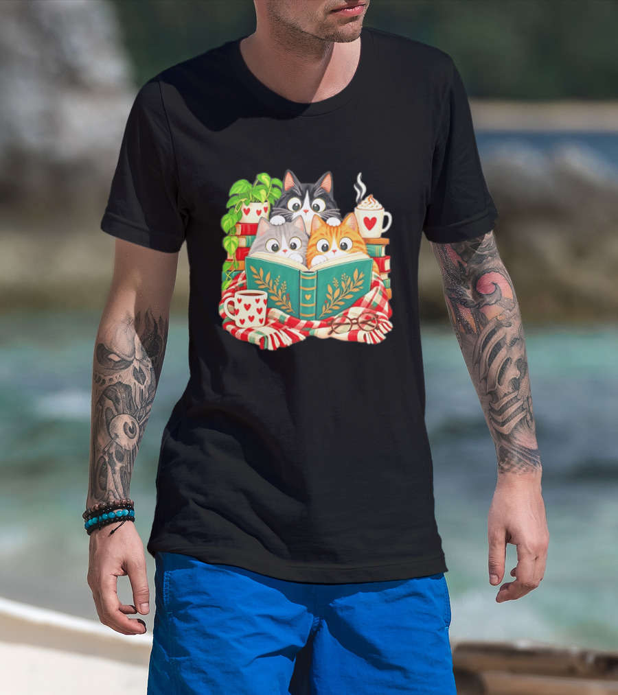 Cats Cozy Reading Books Coffee And Heart S T-Shirt