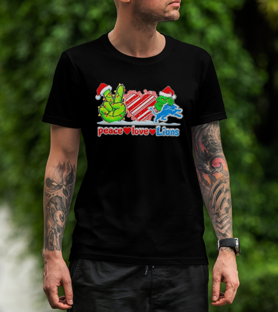 Peace Love Lions Christmas Grinch Detroit Lions T-Shirt