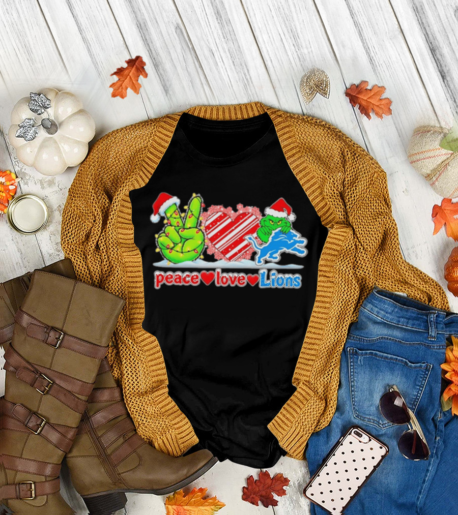 Peace Love Lions Christmas Grinch Detroit Lions T-Shirt