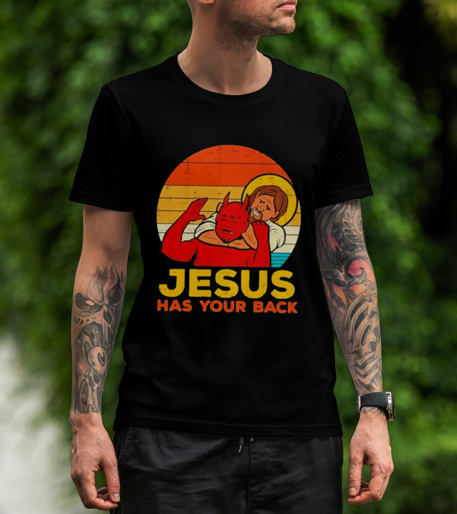 Jesus Has Your Back Devil Wrestling Retro Sunset T-Shirt