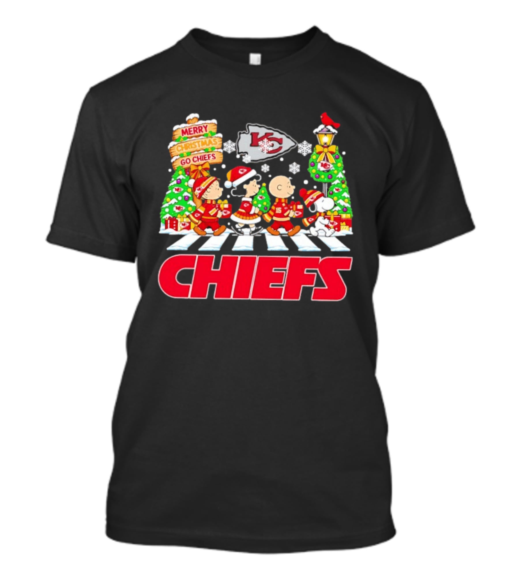 Kansas City Chiefs Peanuts Abbey Road Christmas Snowflakes Charlie Brown Snoopy T-Shirt