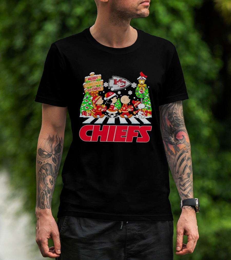 Kansas City Chiefs Peanuts Abbey Road Christmas Snowflakes Charlie Brown Snoopy T-Shirt