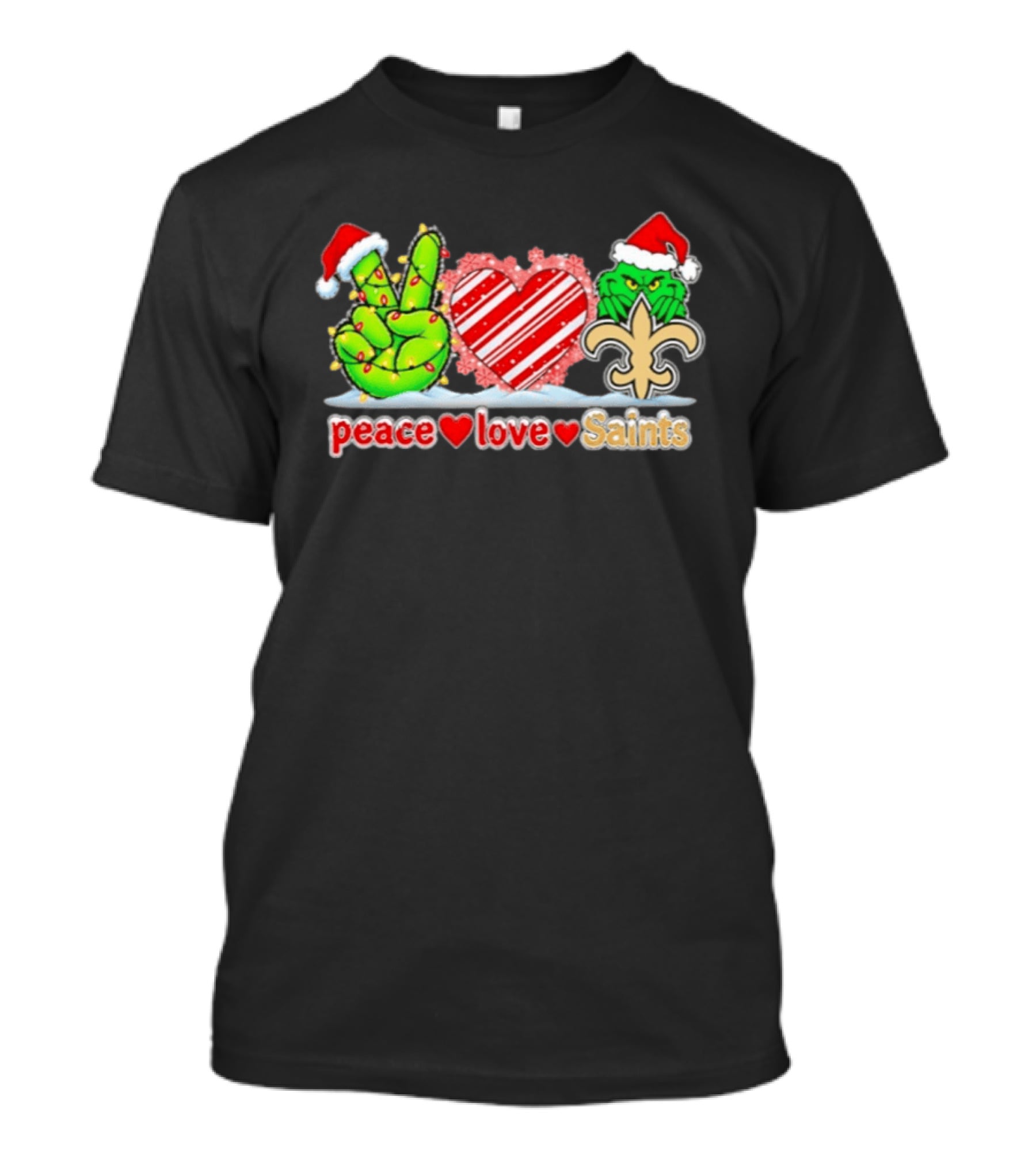Peace Love Saints Grinch Christmas New Orleans Saints Holiday Fun T-Shirt