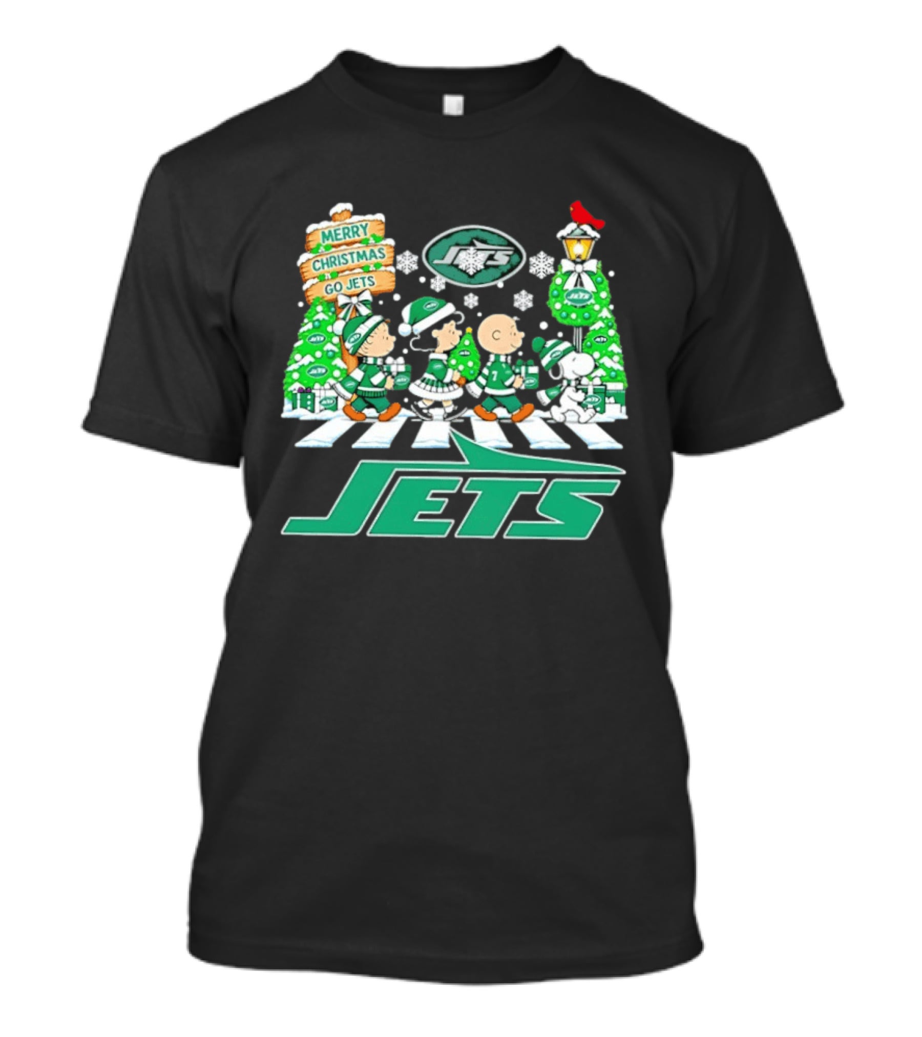 Merry Christmas Go Jets Peanuts Characters Walking Abbey Road Snowflakes T-Shirt