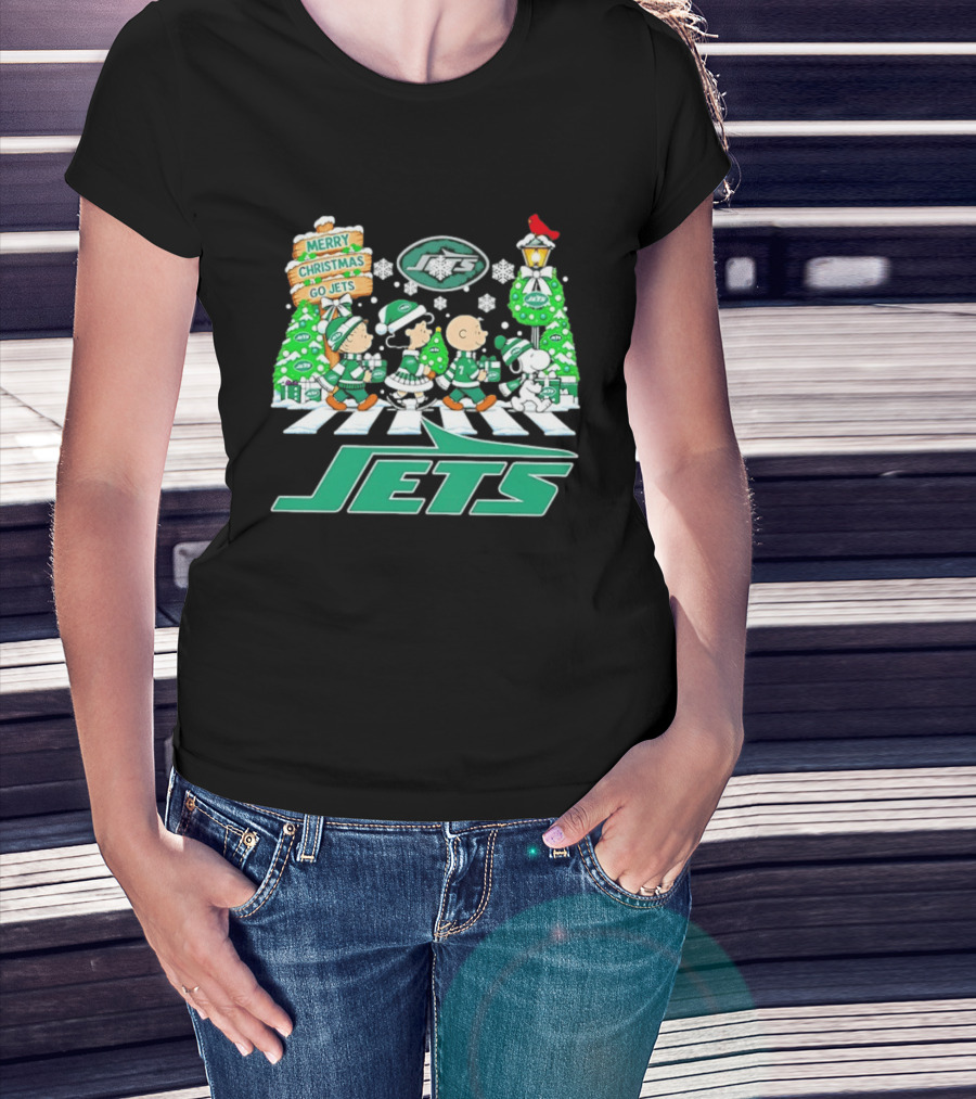 Merry Christmas Go Jets Peanuts Characters Walking Abbey Road Snowflakes T-Shirt