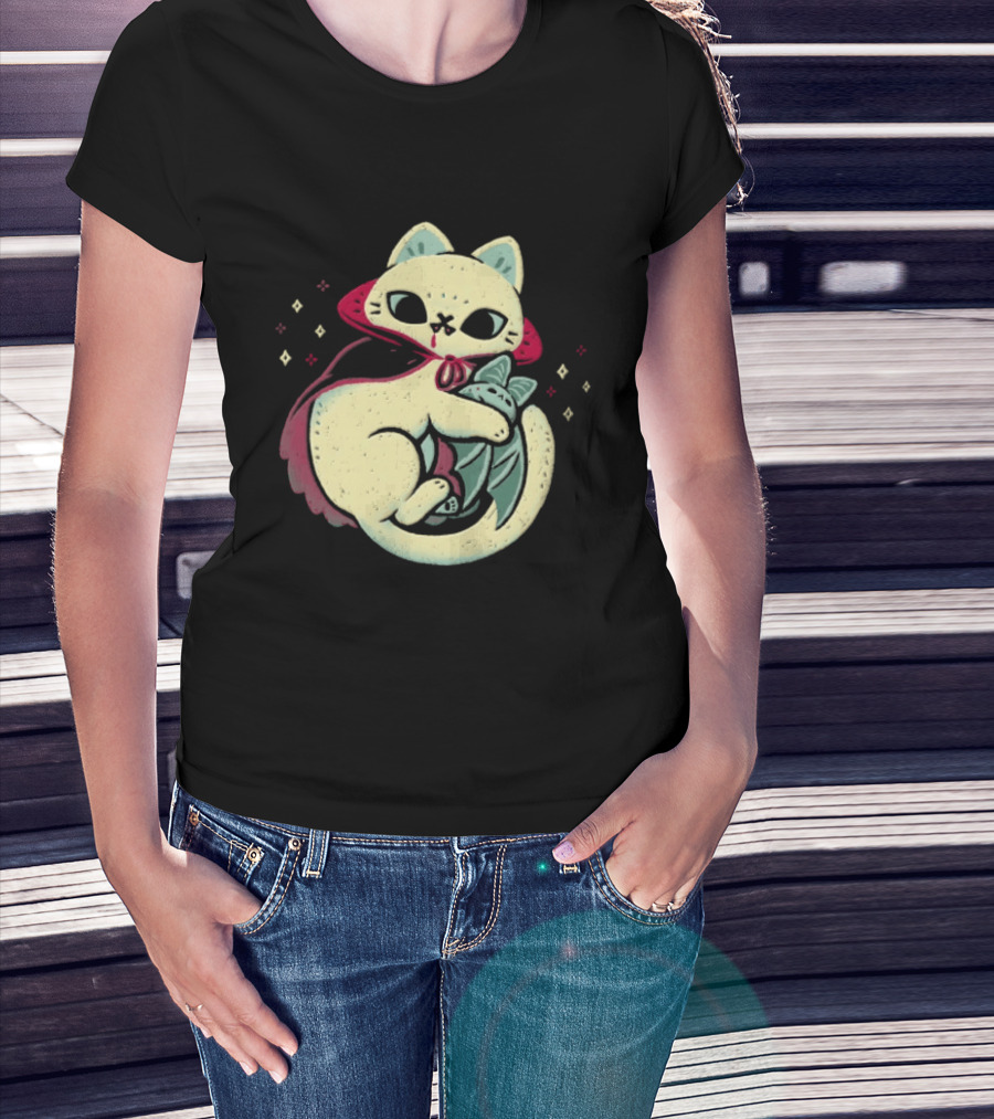 Vampire Cat Cuddles Bat With Cloak And Fangs T-Shirt