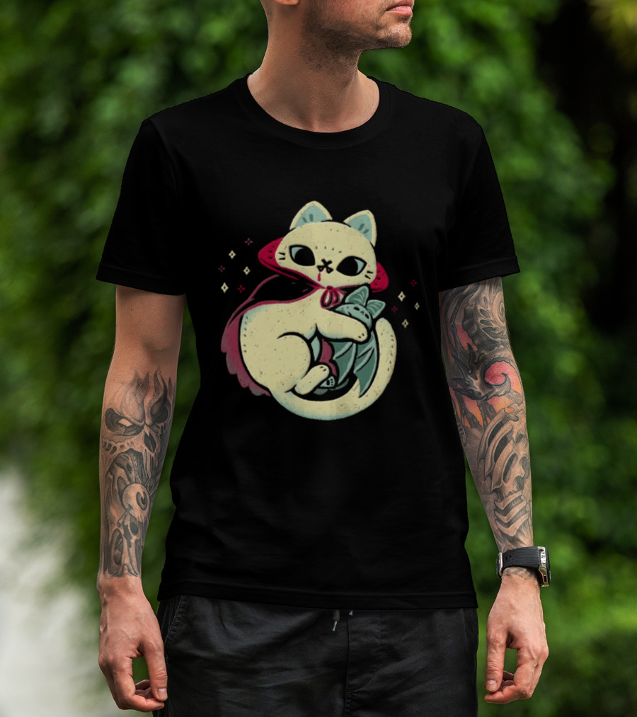 Vampire Cat Cuddles Bat With Cloak And Fangs T-Shirt