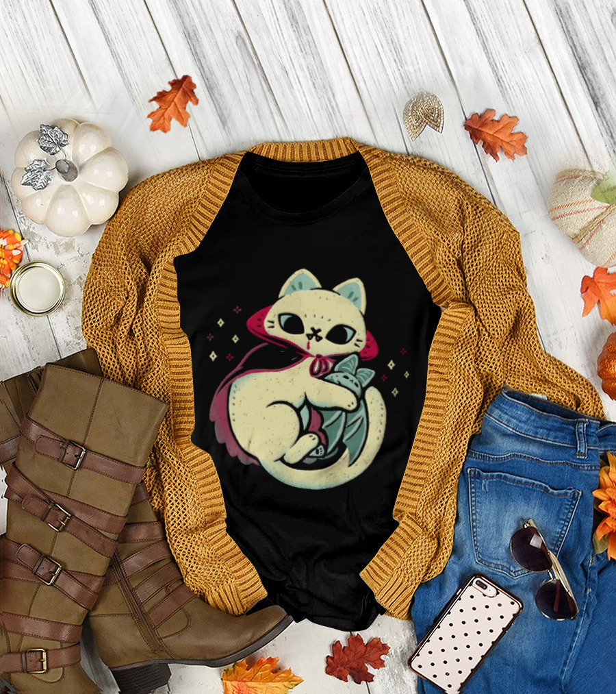 Vampire Cat Cuddles Bat With Cloak And Fangs T-Shirt