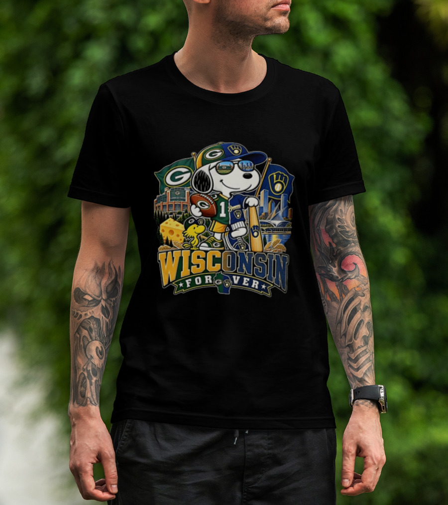 Wisconsin Forever Snoopy Green Bay Packers Milwaukee Brewers Sports Fan Collection T-Shirt