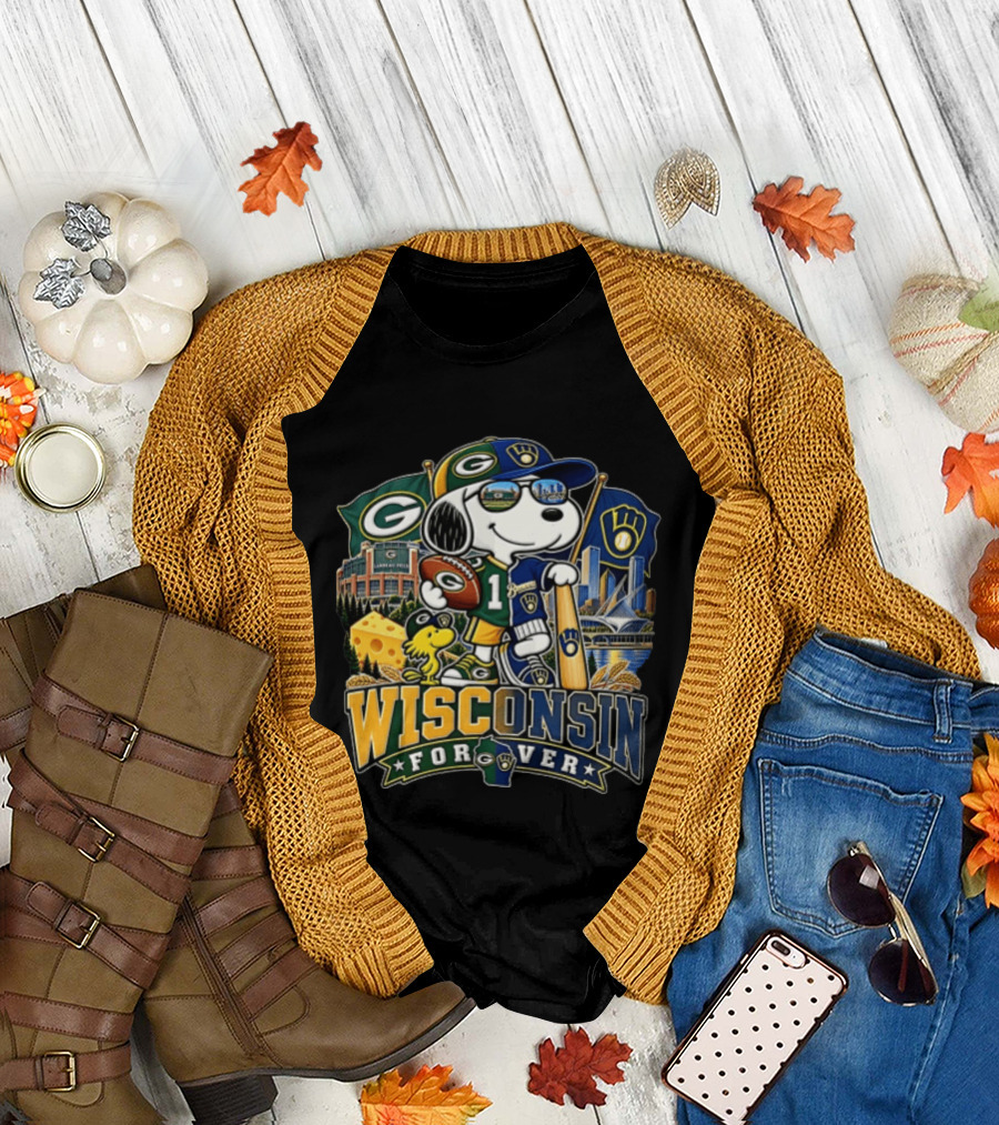 Wisconsin Forever Snoopy Green Bay Packers Milwaukee Brewers Sports Fan Collection T-Shirt