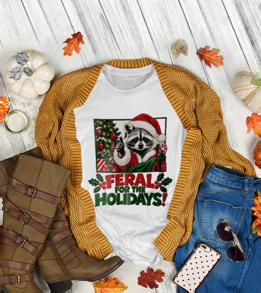 Feral For The Holidays Raccoon Santa Hat Christmas Thumbs Up Xmas Tree T-Shirt