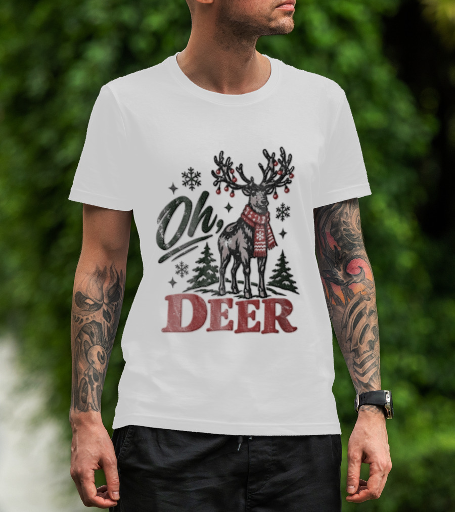 Oh Deer Christmas Reindeer With Holiday Scarf And Snowflakes T-Shirt