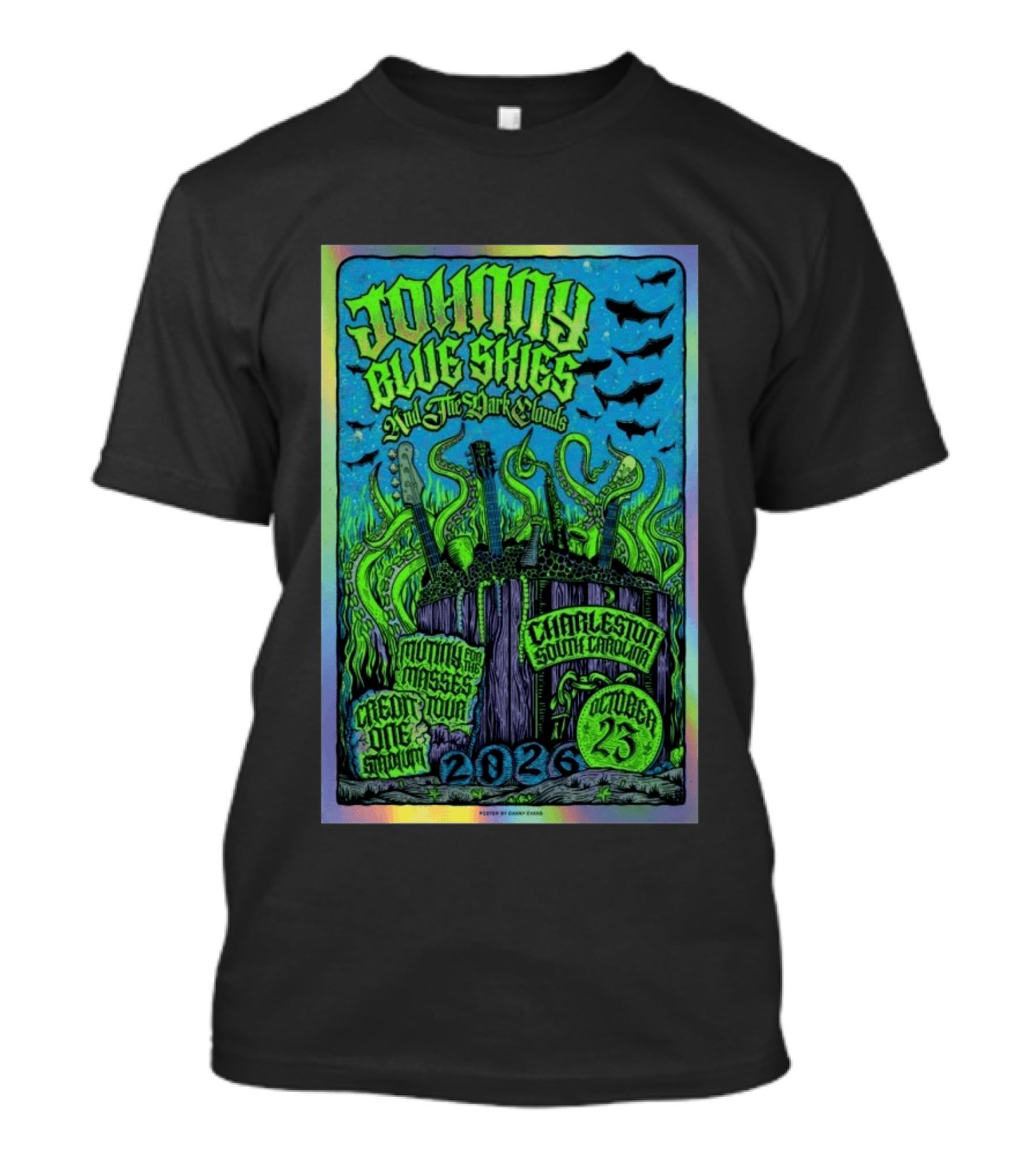 Johnny Blue Skies And The Shark Clouds Music For The Masses Credit One Stadium Charleston October 25 2026 T-Shirt