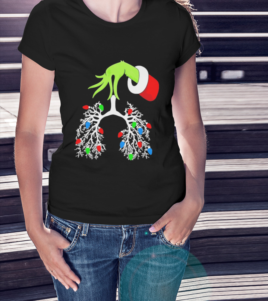 Grinch Hand Holding Christmas Lights Lung Festive T-Shirt