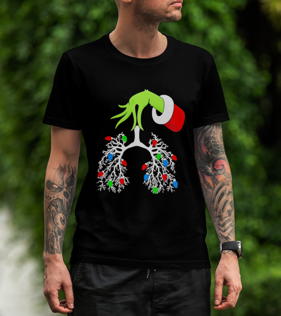 Grinch Hand Holding Christmas Lights Lung Festive T-Shirt