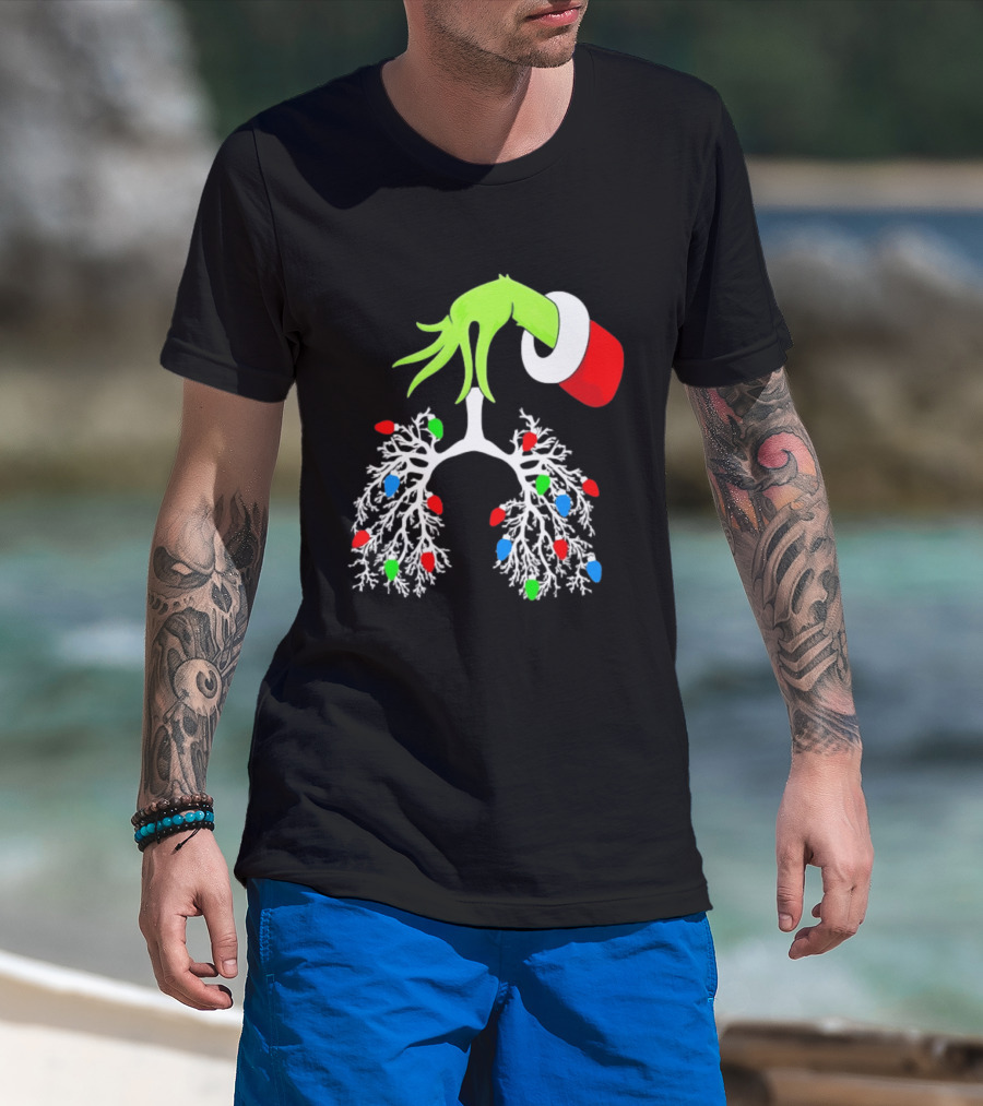 Grinch Hand Holding Christmas Lights Lung Festive T-Shirt