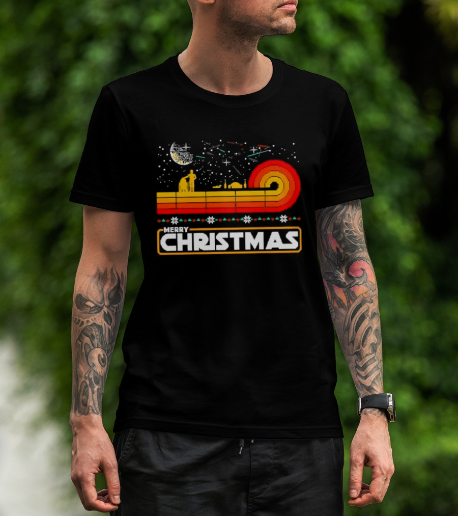 Star Wars R2 D2 Luke Skywalker Merry Christmas Retro Sunset T-Shirt