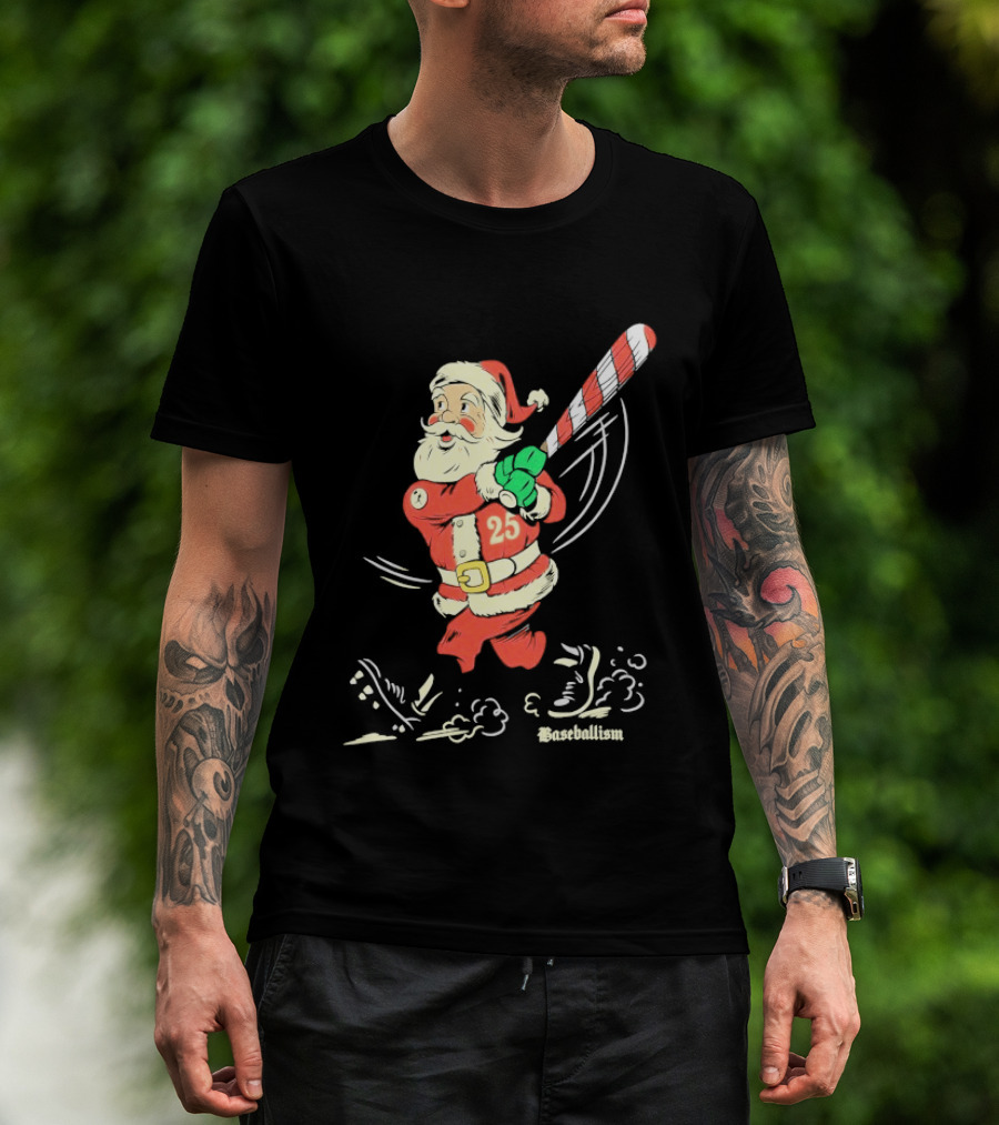 Swinging Santa Baseballism Holiday Christmas Santa Claus With Candy Cane Bat T-Shirt