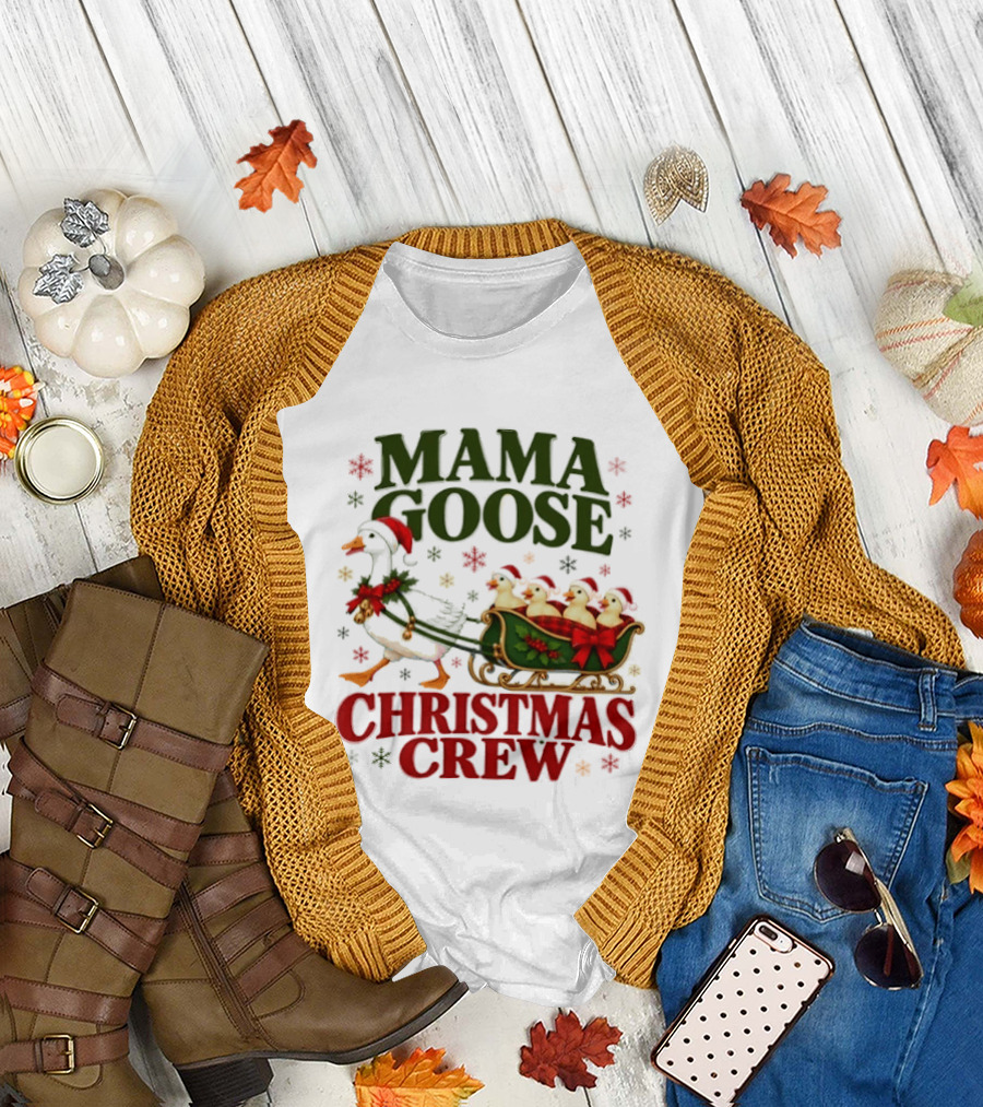 Mama Goose Christmas Crew Holiday Geese And Sleigh Festive T-Shirt
