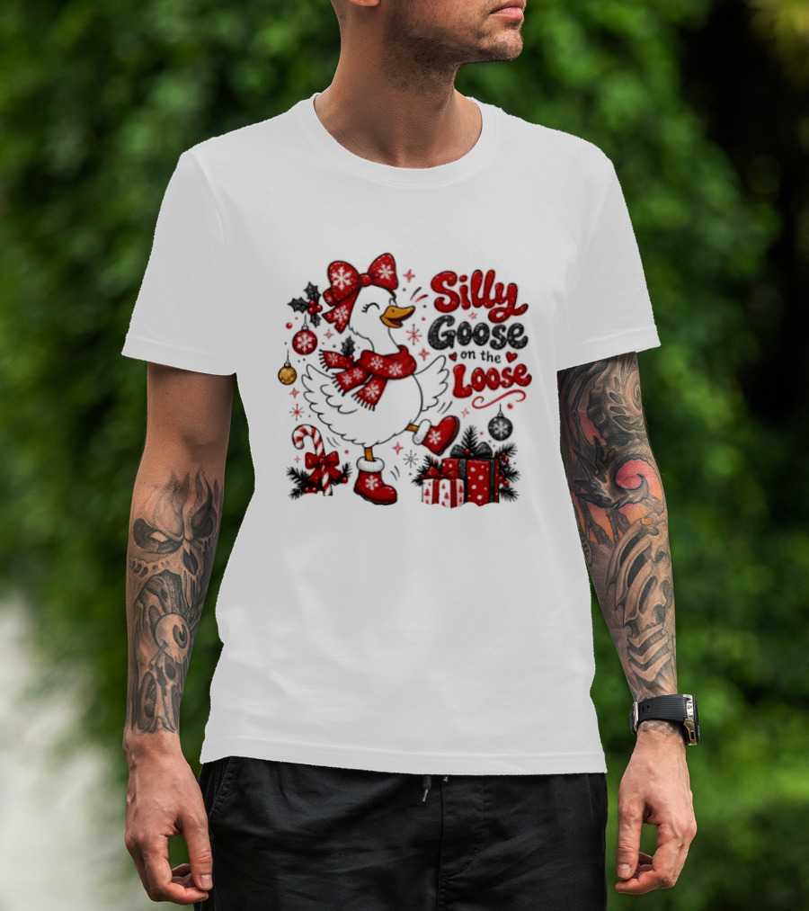 Silly Goose On The Loose Christmas Holiday Goose With Presents And Candy Cane T-Shirt