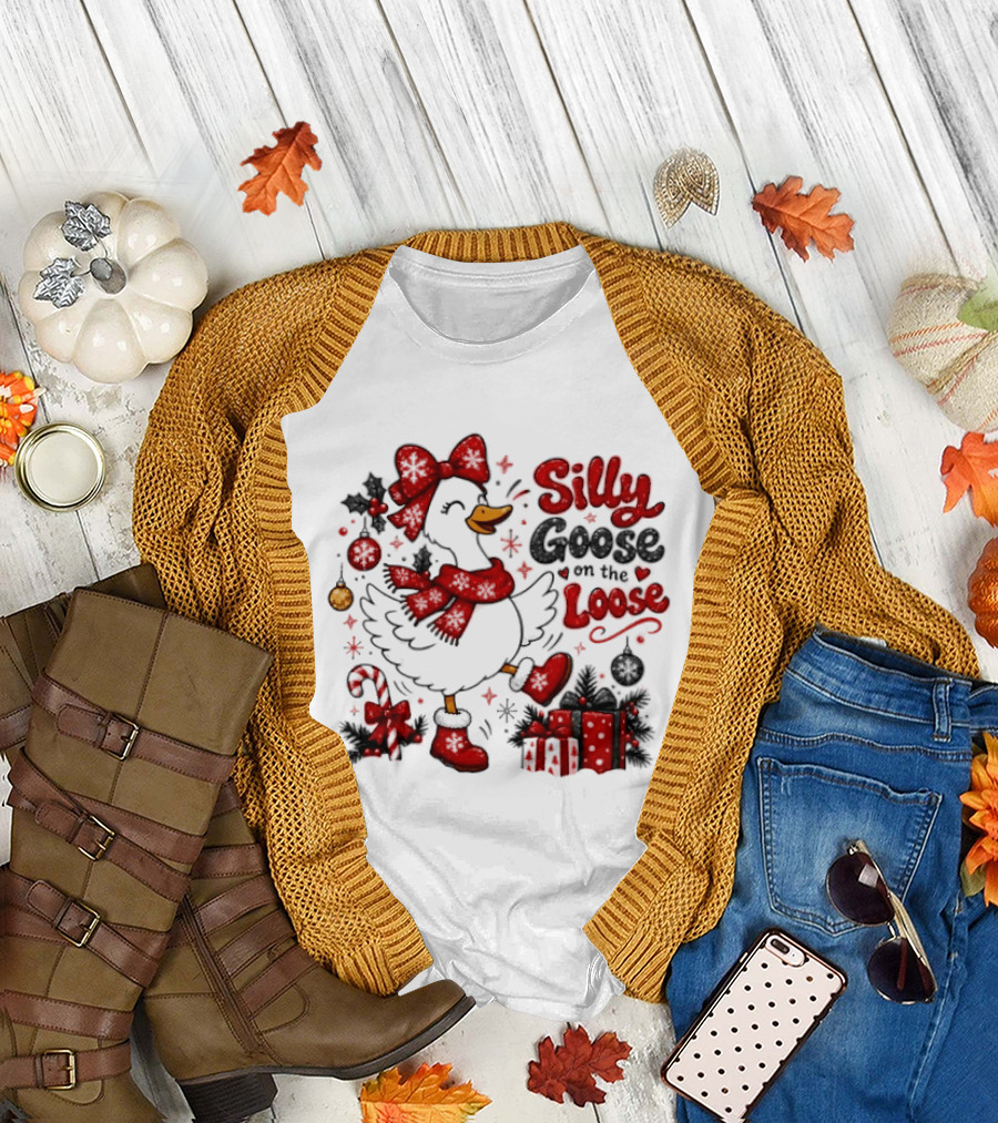 Silly Goose On The Loose Christmas Holiday Goose With Presents And Candy Cane T-Shirt