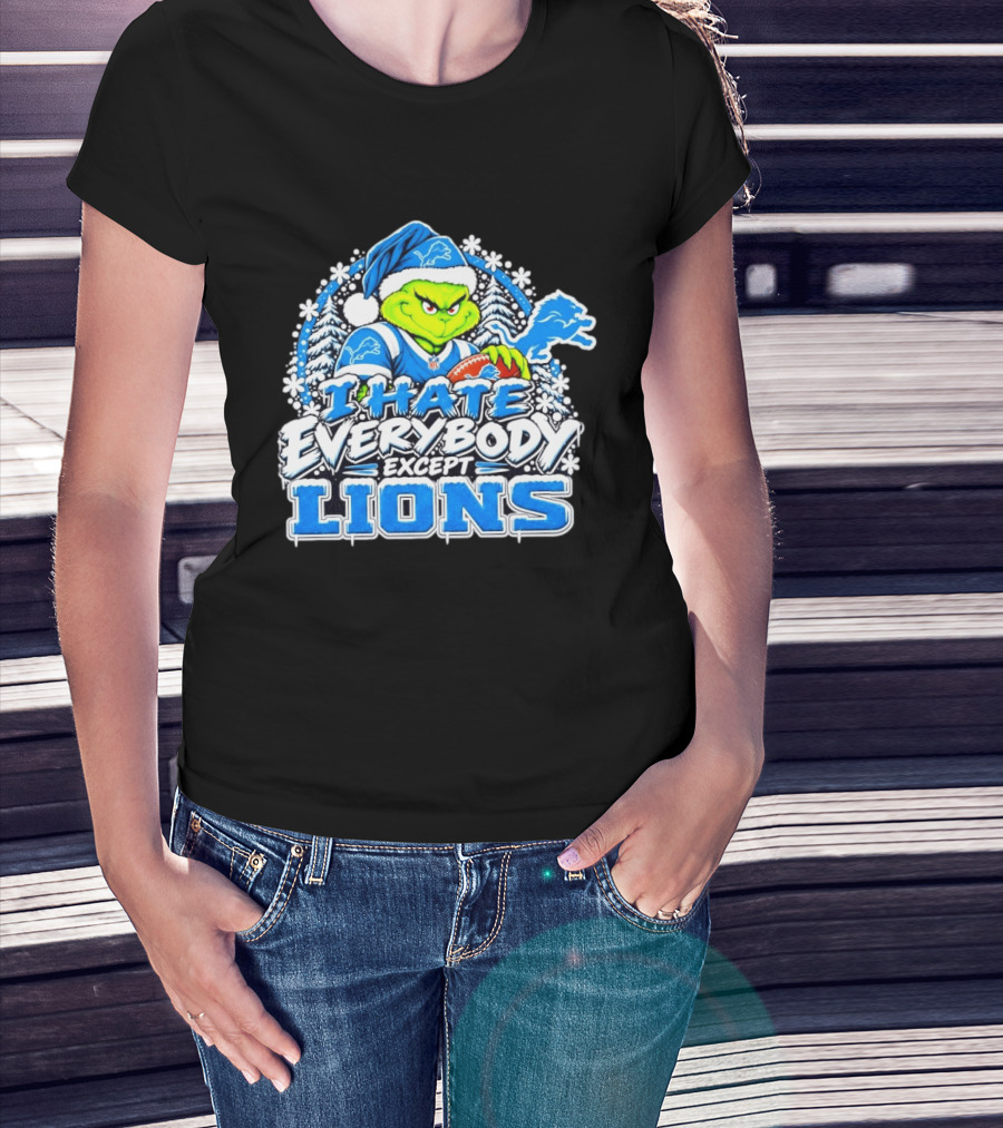 I Hate Everybody Except Detroit Lions Grinch Christmas Football T-Shirt