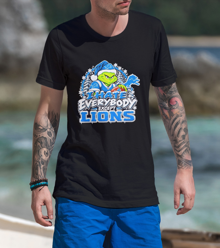 I Hate Everybody Except Detroit Lions Grinch Christmas Football T-Shirt