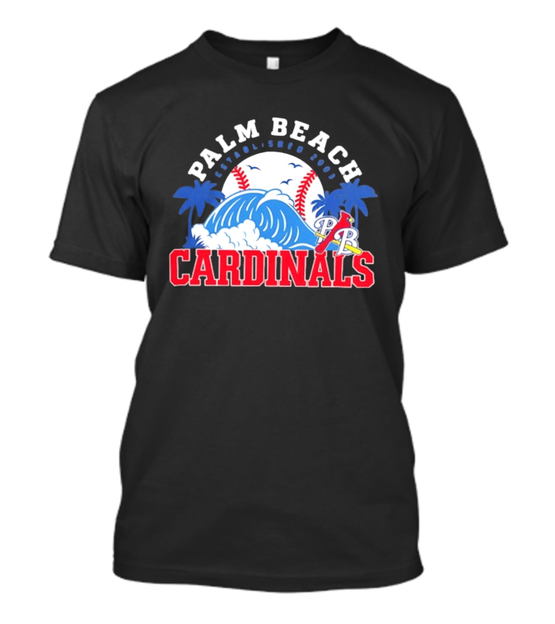Palm Beach Cardinals Baseball Surf Established 2003 Waves And Palms T-Shirt