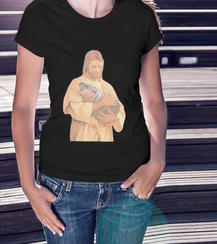 Jesus Moo Deng Hippopotamus Embrace T-Shirt