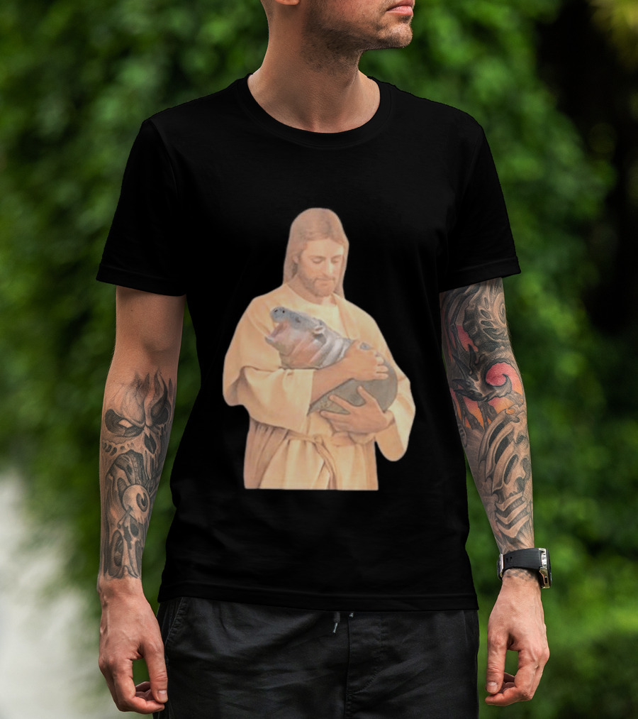 Jesus Moo Deng Hippopotamus Embrace T-Shirt