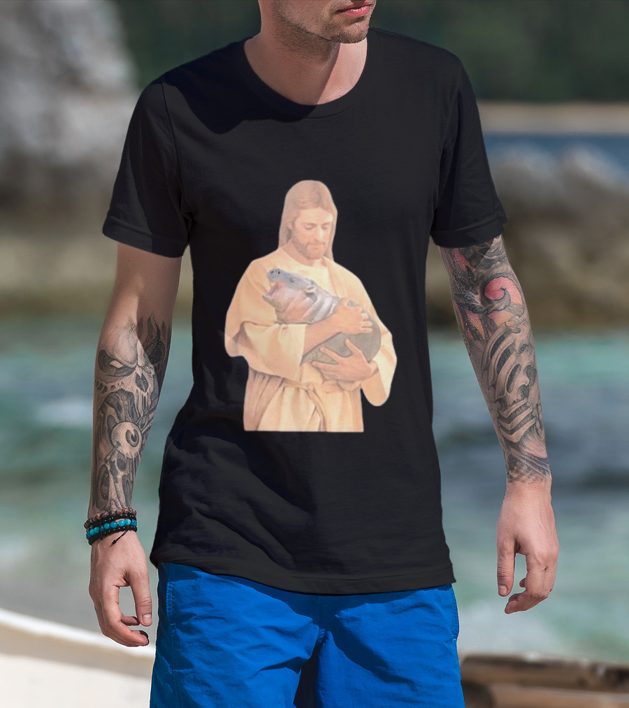 Jesus Moo Deng Hippopotamus Embrace T-Shirt