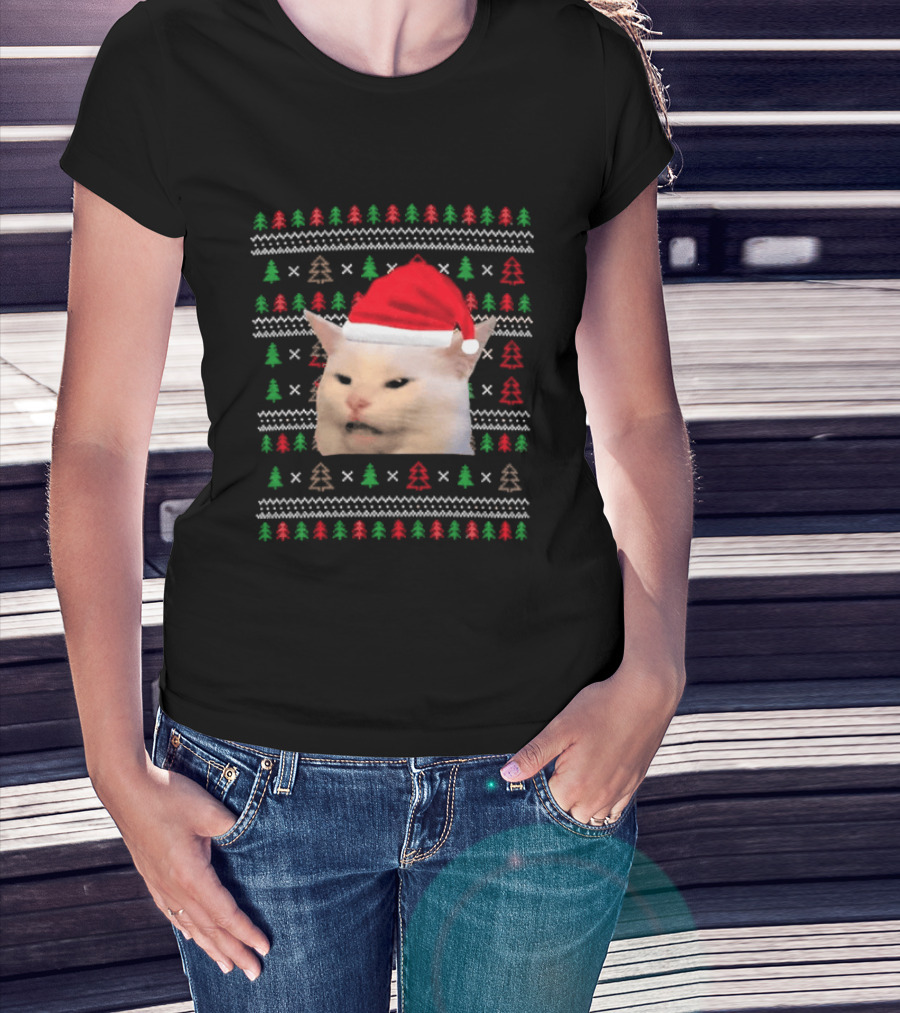 Santa Hat Cat Meme Ugly Christmas Black Tree T-Shirt