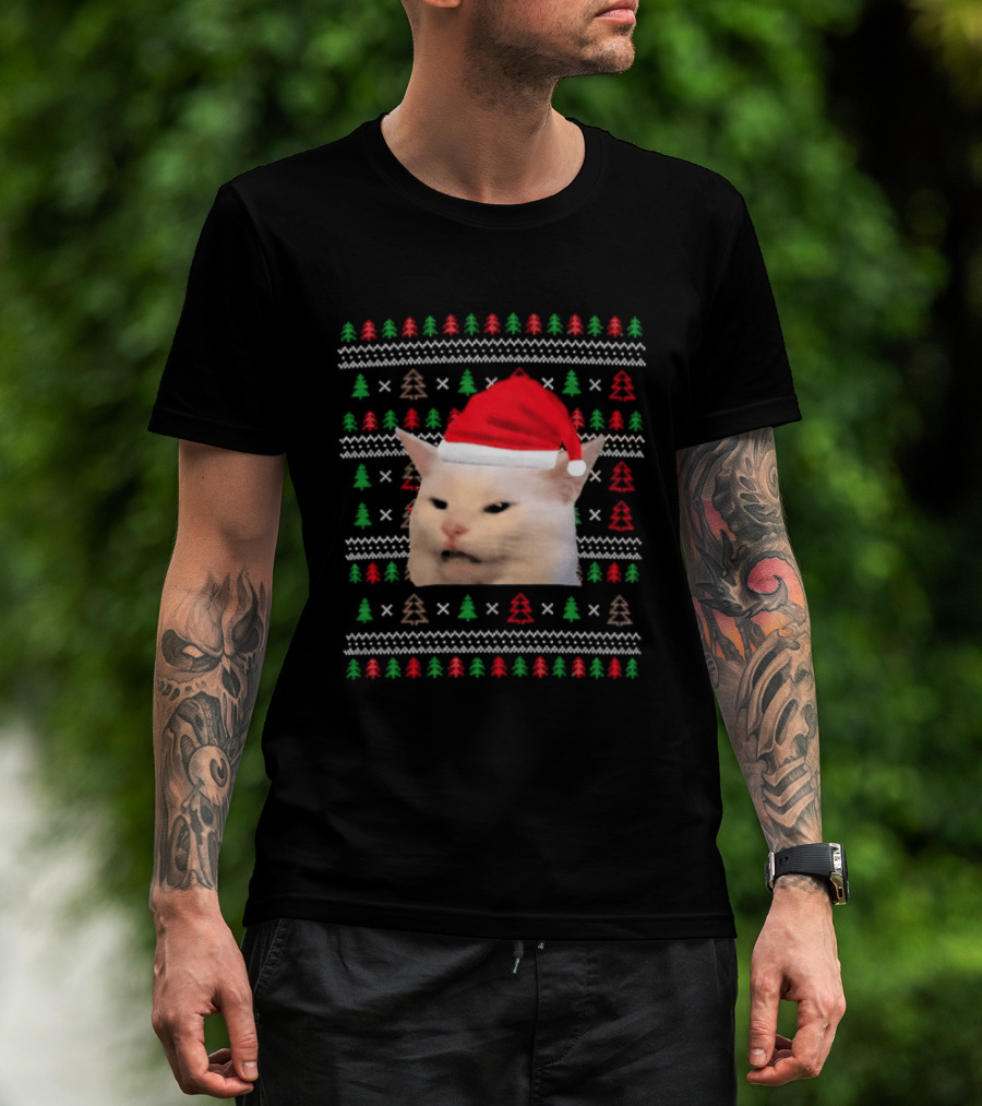 Santa Hat Cat Meme Ugly Christmas Black Tree T-Shirt
